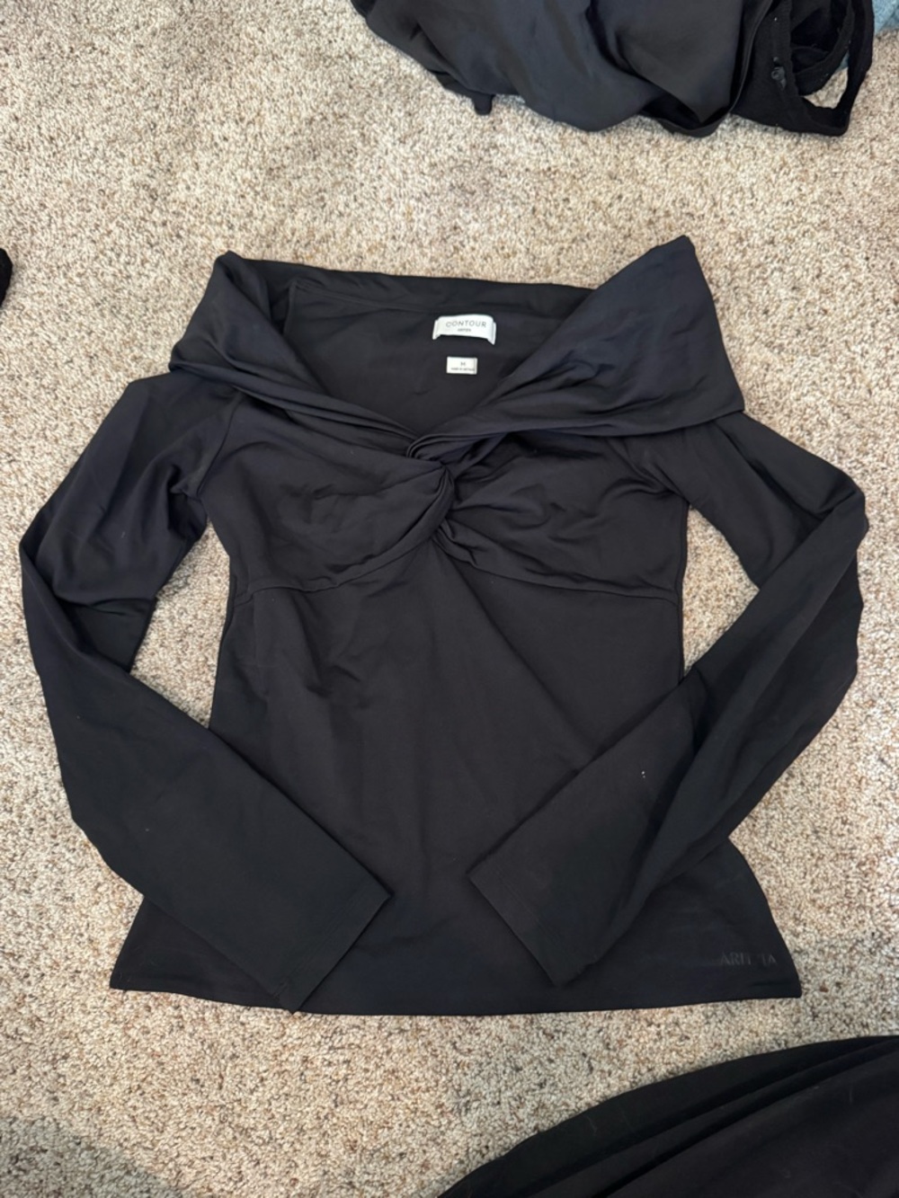 Aritzia Contoura Black Off-Shoulder Twist Front Long Sleeve Top